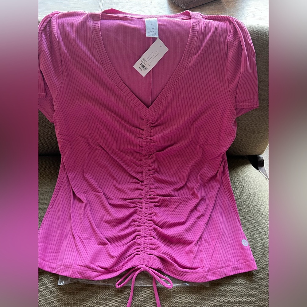 VIVI Women’s V-Neck Ruched Pink Top Short Sleeve